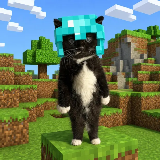 MOKI standing upright on a green voxel block wearing a cyan block helmet