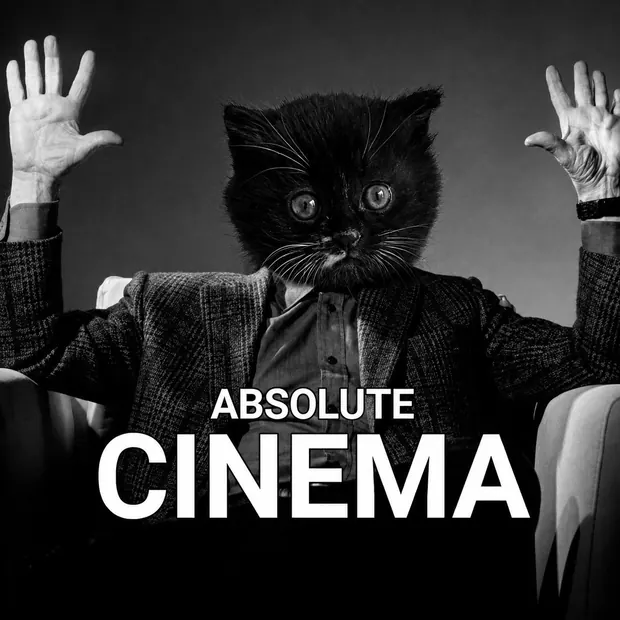 Black and white plate of MOKI's head on a seated figure with both hands raised, captioned ABSOLUTE CINEMA