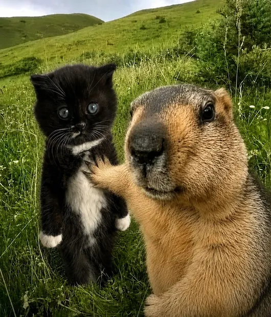 MOKI standing upright in a green hillside beside a marmot leaning toward the camera