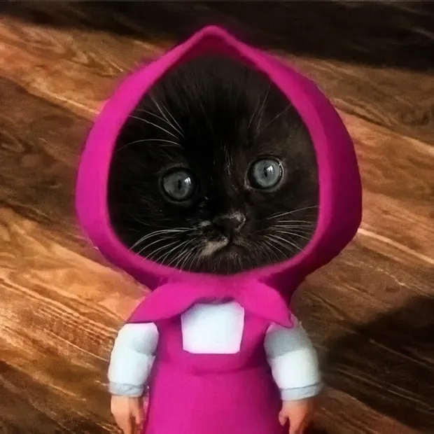 MOKI's face inside a bright pink hooded costume on a wooden floor