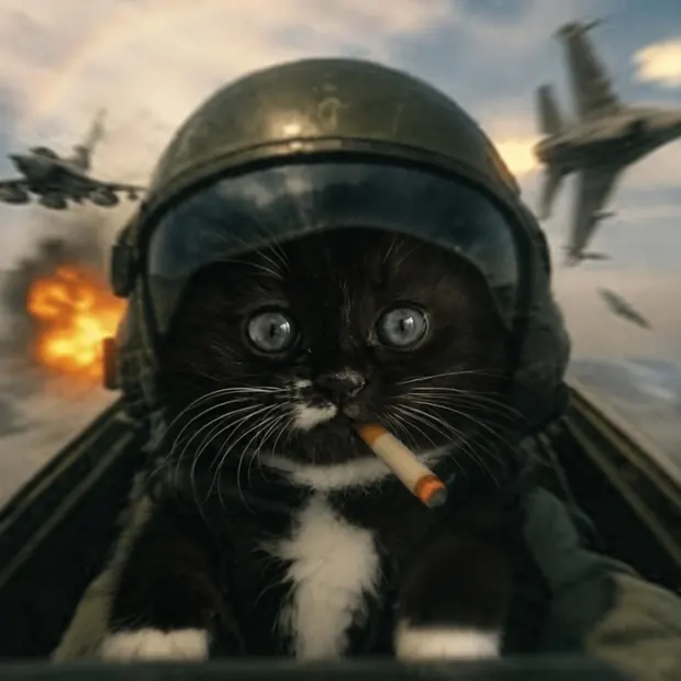 MOKI in a flight helmet in a fighter cockpit, a cigarette in his mouth, jets and fire behind him
