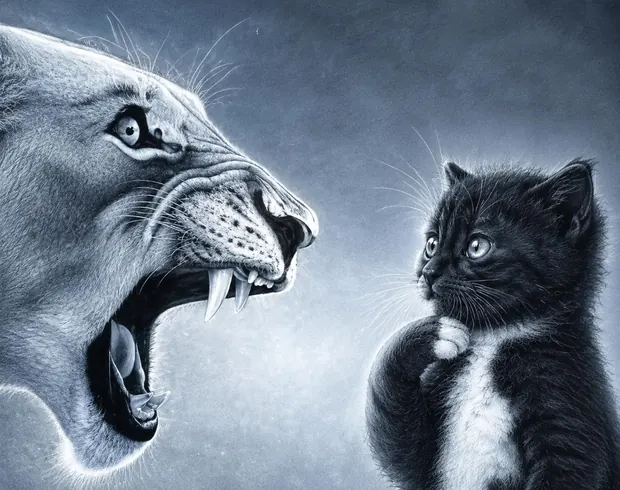 Monochrome plate of a roaring lioness facing MOKI, who stands upright and calm