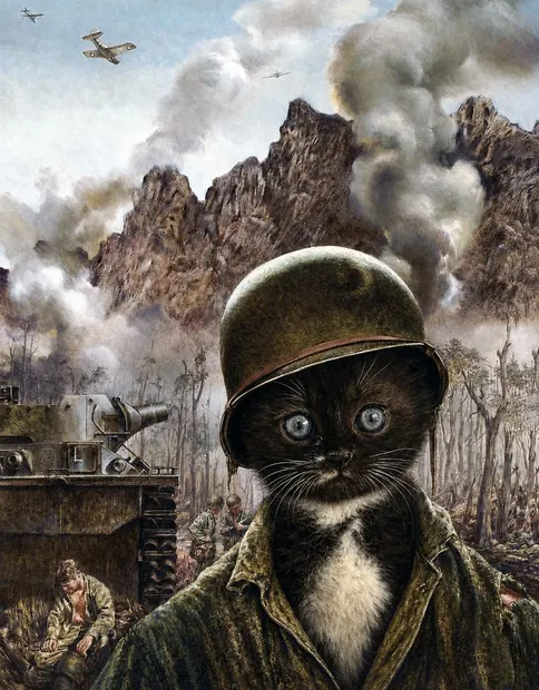 Painted war plate: MOKI in a steel helmet and field jacket before a smoking ridge